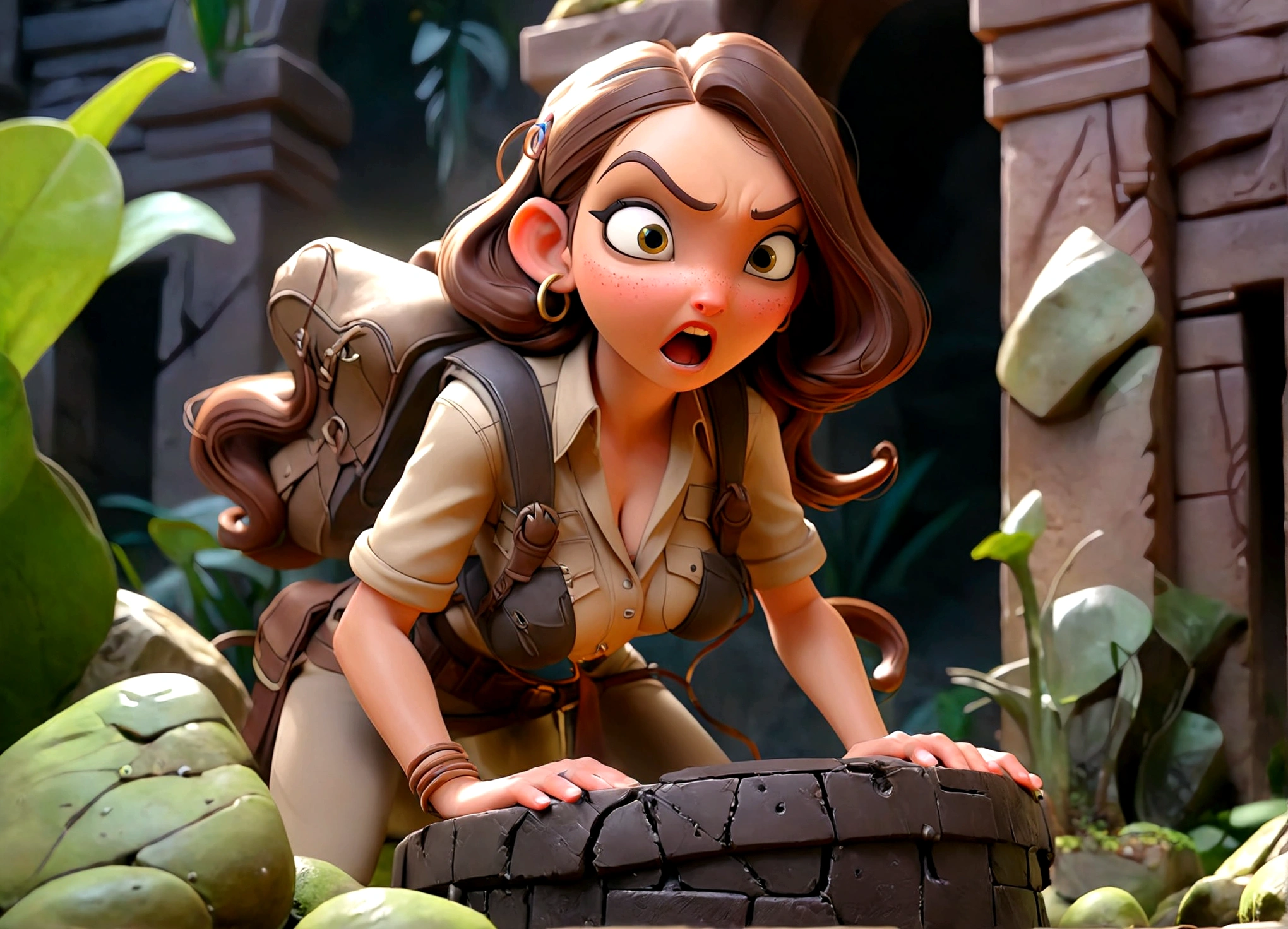 A lovely female indiana Jones (sexy explorer outfit), has discovered the throne chamber in an ancient ruin. (Eldritch symbols cover the odd obsidian wall partly obscured by slimes, molds, and fungus), (A throne of power(made of bone and gold pulsing with evil energy, its guardian is an enormous eldritch horror with many slimy tentacles and an enormous maw) beckons to her to approach the empty throne.