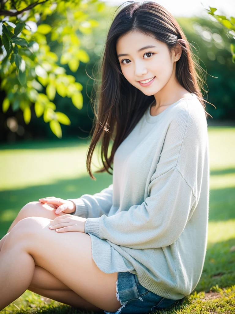 Innocent Japanese girl, trendy loose casual fashion, natural hair styles, impressive big brown eyes, pure smile, refreshing in early summer sunlight, feeling soft breeze in hair, sitting, relaxed pose, professional portrait photography, sunlight, film photography, 35mm negative film, 85mm lens, very shallow depth of field, bokeh,