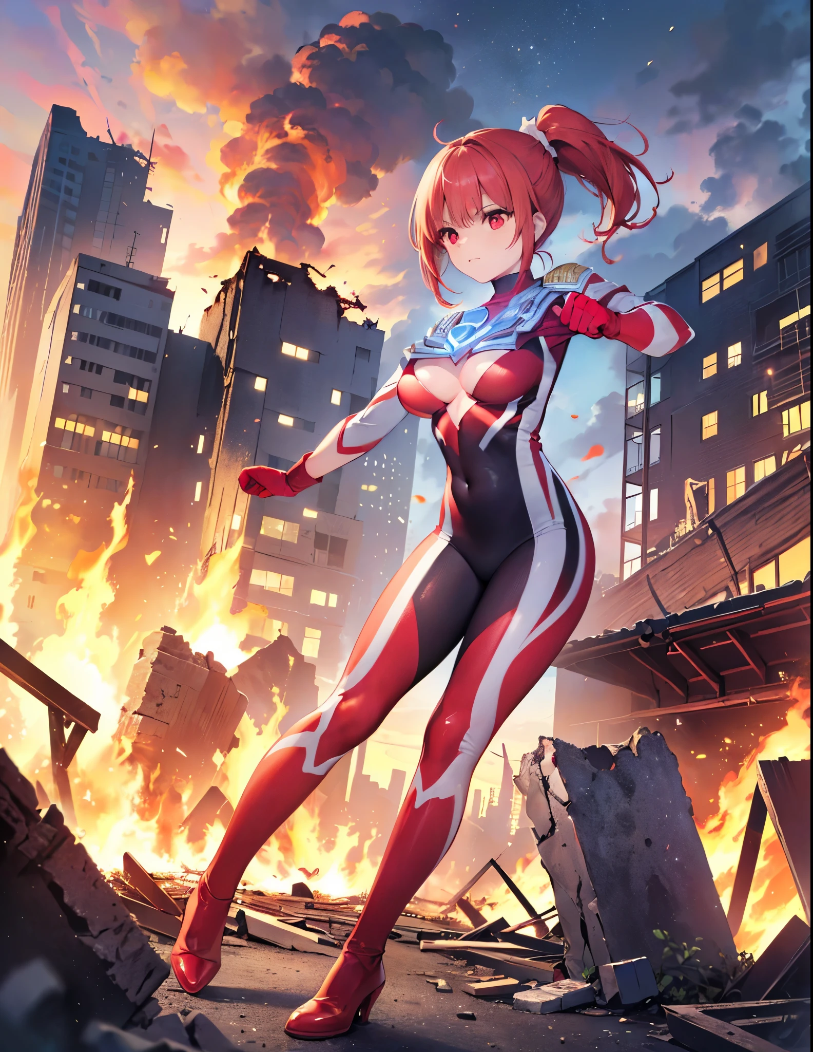 Realistic,Highest quality, Ultra Detail, High-quality CG rendering, The most delicate and beautiful, Floating softly, High resolution, (1 giant girl), (Highest quality,4K,8K,masterpiece:1.2),(All red hair:1.5), (ponytail:1.5),(Red eyes:1.5), (Ultra Girl:1.0), (Red Ultraman bodysuit:1.4),(Do not expose your skin:1.4),(Slightly larger breasts:1.5),(Clenched Fist:1.2),(Place your hands in front of your chest:1.3),(Red gloves:1.3),(Red Shoes:1.3),(whole body:1.3),(front:1.2),(Are standing:1.3),(A city engulfed in flames:1.3),(Buildings in flames:1.3),(Burning Ruins:1.3),(Fighting Pose:1.3),(Put your right hand forward:1.3)