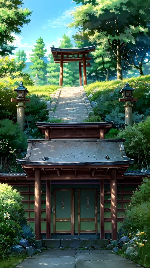 (Masterpiece, best quality, 8K, high res, ultra-detailed: 1.5)There is an old staircase leading to a shrine with stone lanterns on the side, beautiful summer komorebi and the contrast between sun and shadow is truly beautiful. It is a beautiful and detailed landscape with noise processing by 8KHDR.
