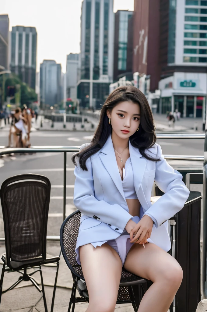 a 19 year old face of the most beautiful actress in the world, the perfect body proportions of a female, blazer is worn on formal shirt, panties between bare legs are seen thanks to skirt is too short, female genitalia of lower body, sitting on a chair of the city, best quality, highly detailed, masterpiece, ultra high res, photo realistic, 8k