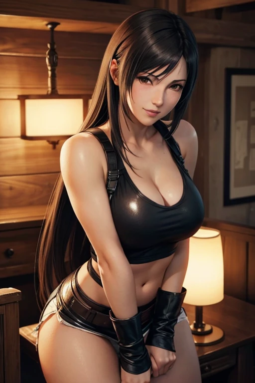 High quality detailed image of Tifa costume from Final Fantasy 7 leaning forward blushing face winking at the viewer 