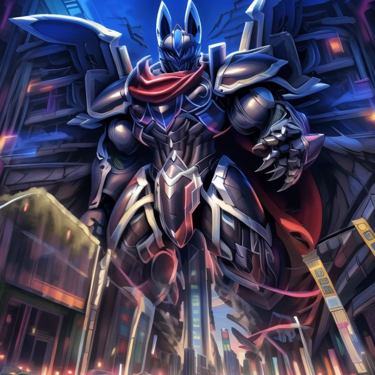 (masterpiece. official art. 8k. best quality. detailed full body. full body.)

(situation 1 : dominating LUCARIO. LUCARIO is over 1000 meters long. focus GIANT mechanical Muscular LUCARIO is trampling the city. Looking down. macro. stomp. Low-angle perspective. emphasizing the immense size.)

(situation 2 :smoke and flames rising from the destruction in the city)

(Additional details 1: BlackKnight_fe. Armor. Cape. Helmet. Sword. wearing a full-face helmet. high-tech bio-mecha armor. real texture material. whole body shines like metal. Wearing cyberpunk mecha. emphasizes the muscles. suit fully made of metal. intricate armor. Robotic suit. suit fully made of metal. cyborg. Powered exoskeleton with the same design as LUCARIO).

(Additional details 2: Detailed head. Detailed Body. Detailed abs. gigantic muscles. HYPER MUSCLES. Gigachad Muscular. big muscle. pecs. triceps. traps. unusually developed muscular body. body full of huge muscles. showing off muscles. pectorales enormes. Exaggeratedly huge muscles. huge muscles. long legs.).

(Additional details 3: nj5furry, Spread wings. It has wings. black have big wings. The claws are sharp. Sharp teeth.). 

(Additional details 4: tiny thong, metallic color: jet black thong. bulge in the crotch.)