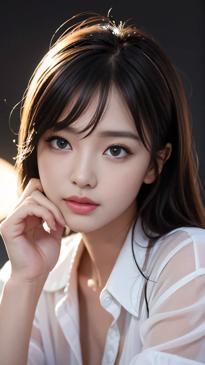 masterpiece, Top quality, 8K, , (Upper part of the body:1.4), White shirt, beautiful girl, cleanface, Looking at the audience, a smile, Surrealism, high resolution, photo, Film particles, Chromatic Aberration, Sharp focus, nffsw, Surface lamp, Dynamic Lighting, light, Professional shadows, Simple background, (Dark background:1.4), Most detailed, Very detailed, Ultra Detailed, Fine details, Genuine Leather, Delicate facial features, Detailed face and eyes, Sharp pupils、Realistic students、(Korean、Japanese、Chinese:0.3)、(Glossy lips:1.4)