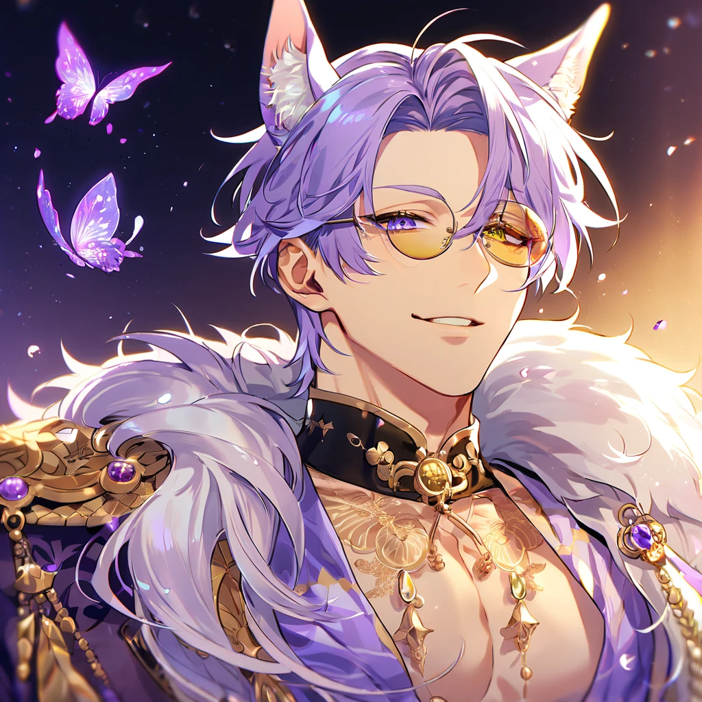 absurdres, highres, ultra detailed, HDR, master piece, best quality, perfect face, beautiful eyes, delicate features, Kuya wearing round amber sunglasses, light-purple hair, heterochromia, left eye yellow, right eye blue, Nu Carnival, fox ears, solo, sexy man, handsome, toned chest, handsome smile, purple kimono with fur, purple moon, purple lilies, purple butterflies, purple flames, starry