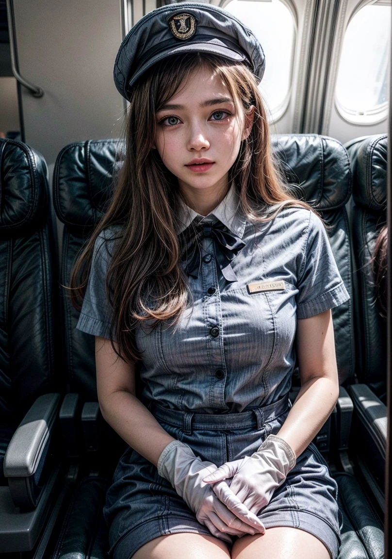 The image features young beatiful woman wearing a blue stewardess uniform with a matching hat and white gloves. The person is making a peace sign with the right hand. The background is inside a plain with passengers sitting.