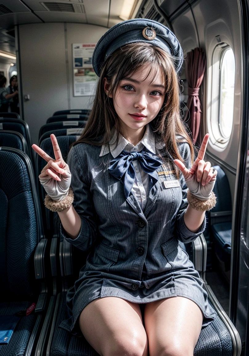 The image features young beatiful woman wearing a blue stewardess uniform with a matching hat and white gloves. The person is making a peace sign with the right hand. The background is inside a plain with passengers sitting.