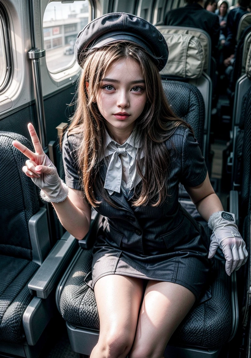 The image features young beatiful woman wearing a blue stewardess uniform with a matching hat and white gloves. The person is making a peace sign with the right hand. The background is inside a plain with passengers sitting.