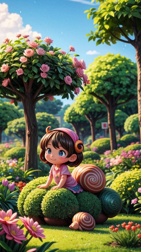 Snail Girl、after the rain、Playing in a flowering garden