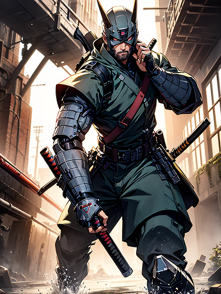 Unshaven adult man, western clothes, using a katana, fighting a Robot that also uses a katana
