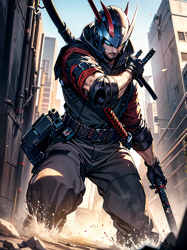 Unshaven adult man, western clothes, using a katana, fighting a Robot that also uses a katana
