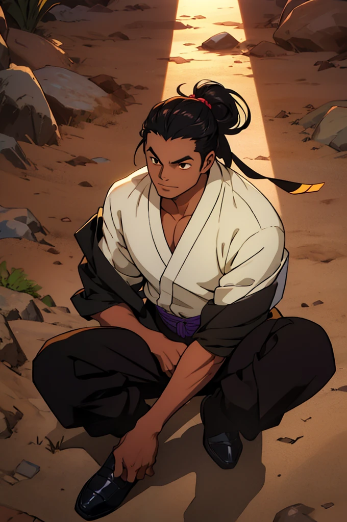 man 20 years old, big hair tied brown samurai style, brown oriental style eyes, expression of joy, half light and half dark skin, wearing a black button-down shirt, but with the first 3 shirt buttons loose, shirt not too tight and not too loose, black dress pants, black long toe shoes, holding a medium cane, with round crystal handle, and a cord with a not very noticeable design, art with light and shadow, tall and intelligent man