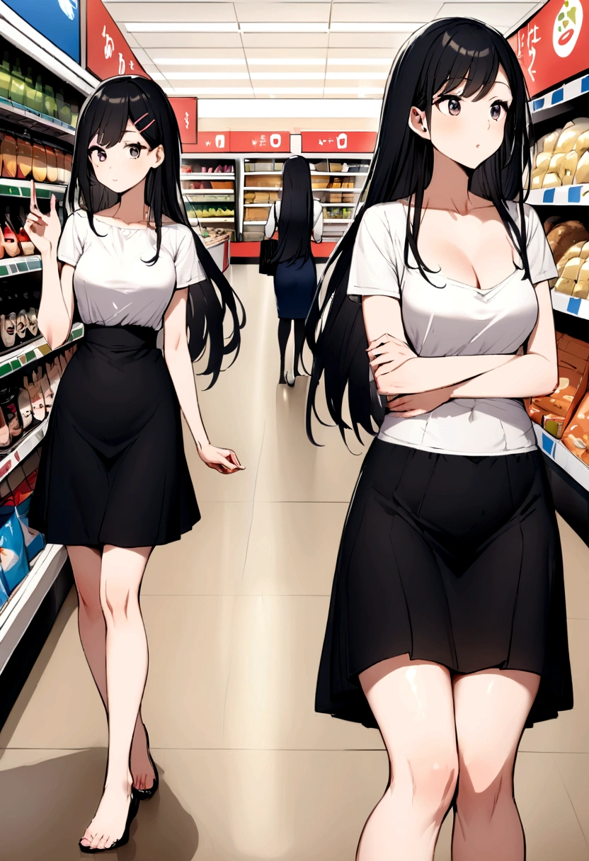 Married Woman shopping Supermarket Black Hair Long Hair hairpin Beautiful feet Knee-length skirt