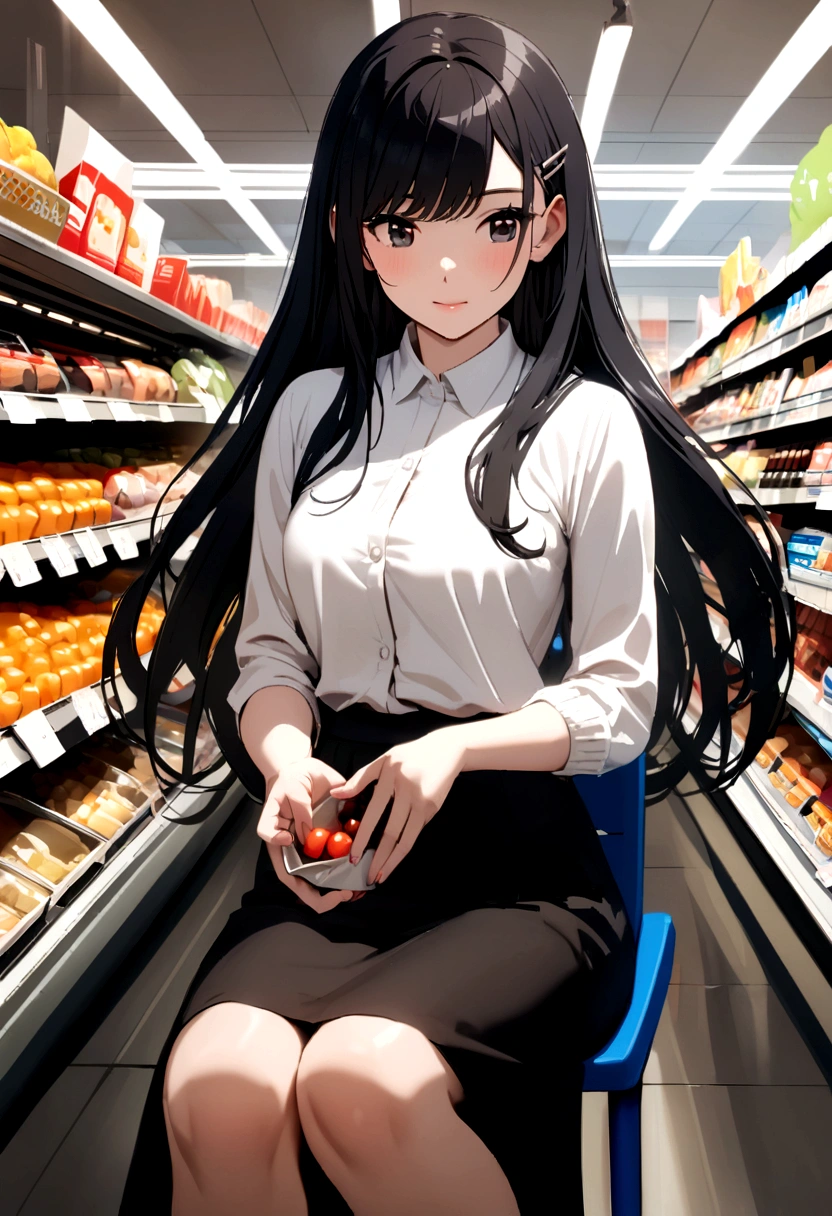 Married Woman shopping Supermarket Black Hair Long Hair hairpin Beautiful feet Knee-length skirt