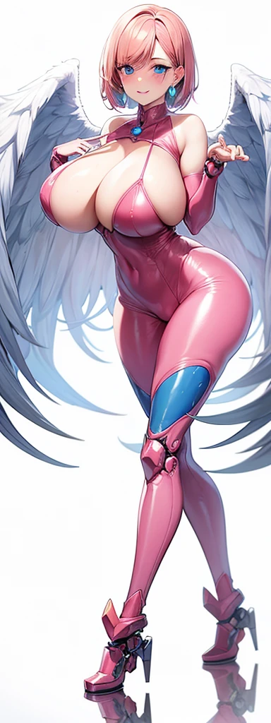 Anime girl with angel wings and a pink bodysuit posing, Abnormally enlarged hips, tits, super wide angel, biomechanical tits, tits proportions, chic, Bubble Gum Body, Shiny skin, Highly detailed body, Cute sexy ass, latex BODY suit, Pink Hair, Heart-shaped earrings, A-line bob cut hair, Heart hands, blue eyes, Blue glowing eyes, Circle of angels overhead, torogao, tongue out, saliva, blush, giggling