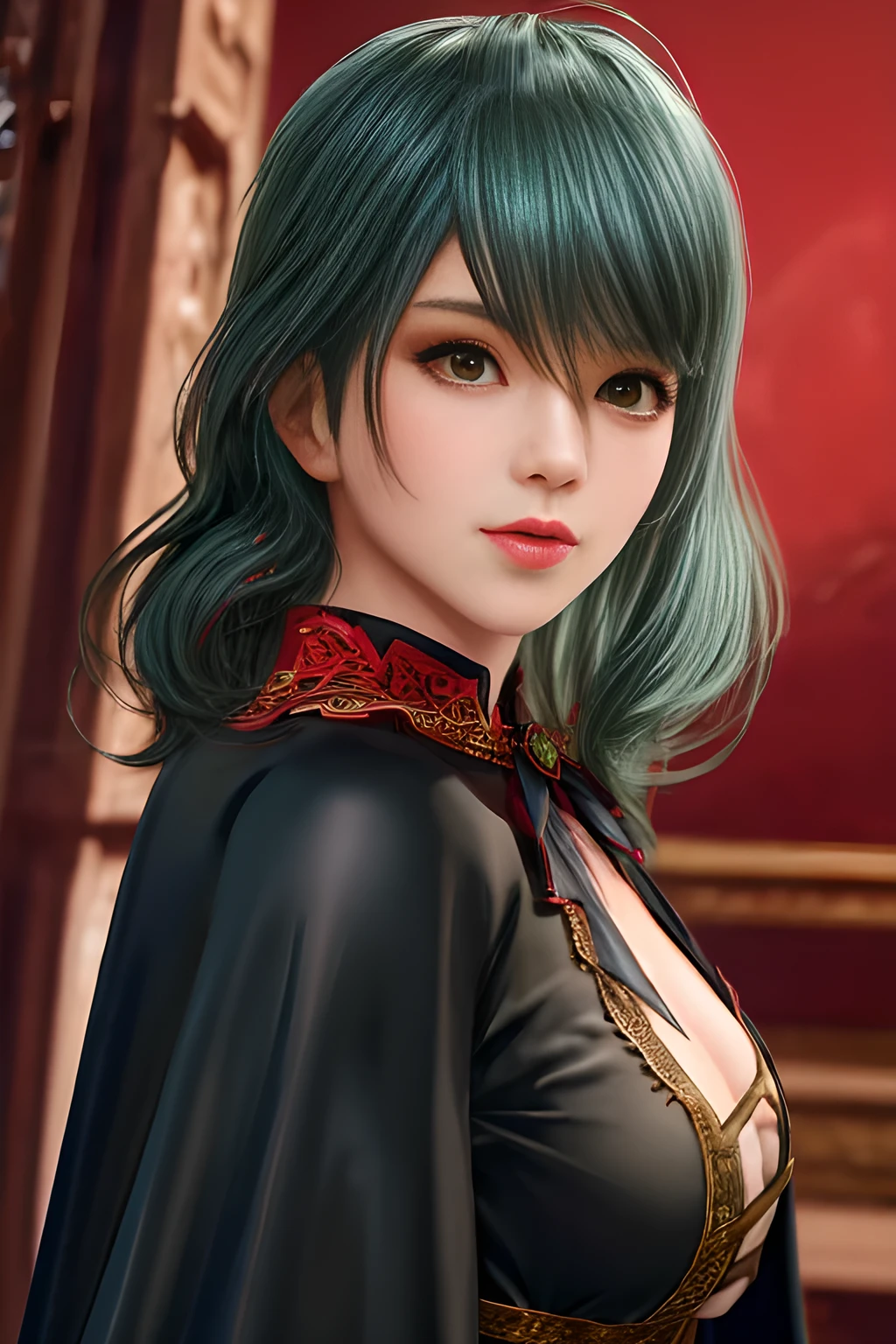 1girl,(Red Theme: 1.2), wearing a velvet dress, a gorgeous cape,, beautiful detailed eyes, beautiful detailed lips, extremely detailed eyes and face, long eyelashes, best quality, 4k, 8k, highres, masterpiece, ultra-detailed, realistic, photorealistic, photo-realistic, ethereal glow, regal elegance, intricate details, luxurious, otherworldly beauty, dark atmospheric background, supernatural aura,tamaki