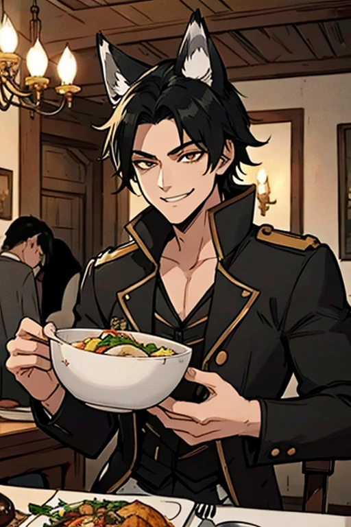 A handsome black haired foxman with golden eyes with black fox ears and a black fox tail in a pirate's uniform is eating dinner at a tavern with a big smile