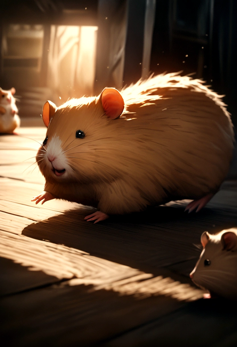 a scared hamster running away,(Floor side view), hamster,rodent,animal,Frightened expression,Motion Blur,detailed fur texture,Dynamic configuration,Dramatic lighting,Cinematic Color Grading,Very detailed,Realistic,8K,masterpiece