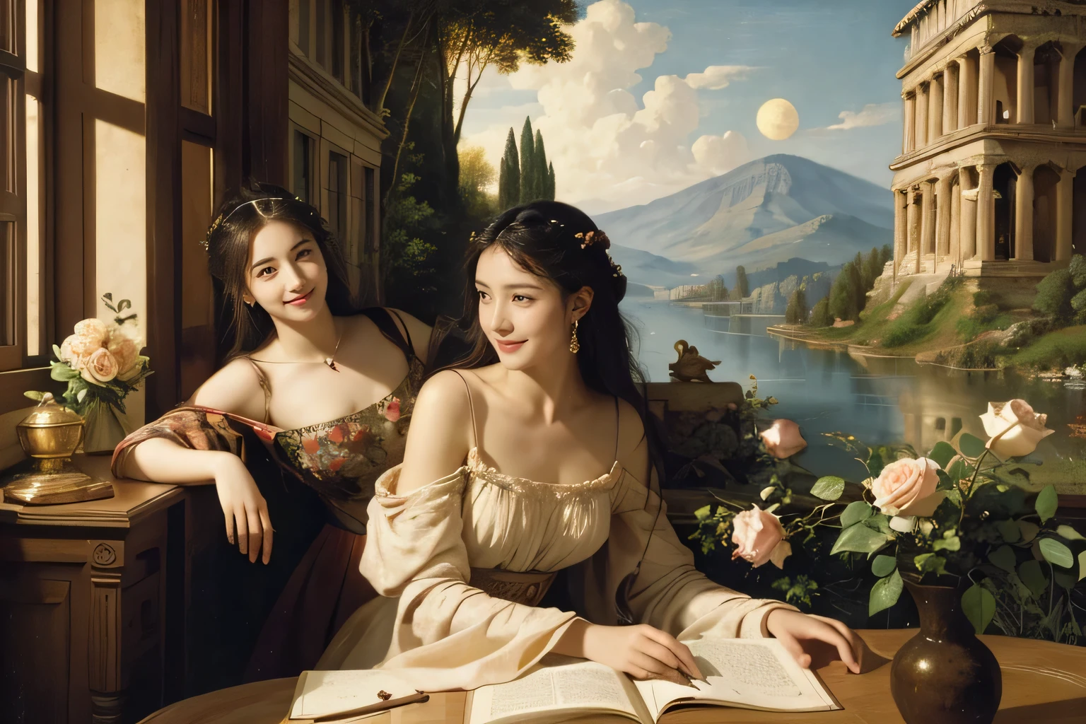 Female angel with two white wing,full body portrait or statue、Sandro Botticelli painting style,Arguments of two female Philosophe,math、astronomical machine、astronaut、roses in vase、fruits、Cute trinkets、smile、ancient greek costume、Ancient Roman landscape in the style of Nicolas Poussin,laughter,,Sweet and seductive appearance.、Caravaggio's paintings、Chiaroscuro of Caravaggio、hair tousled by the wind,Two women frolicking,cute smile, expression of ecstasy,Sexy,erotic