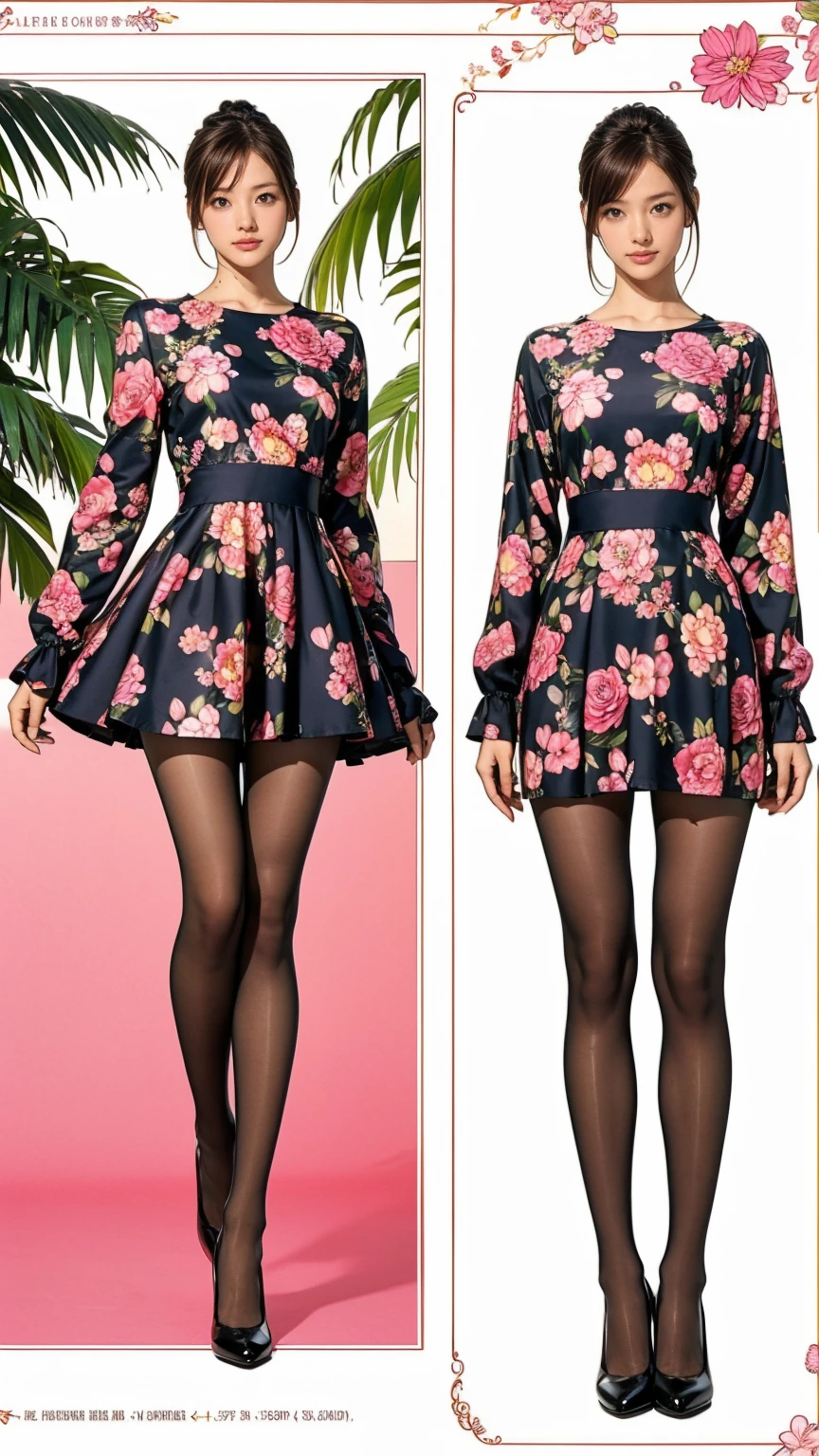((masterpiece)),(((Highest quality))),((Character design sheet)),Thin thighs,Long legs,whole body:1.5，(One Girl:1.3),(Black pantyhose and thick pointy heels：1.3),(Wearing a floral and plant print dress:1.2),Short blonde:1.2、Model pose，