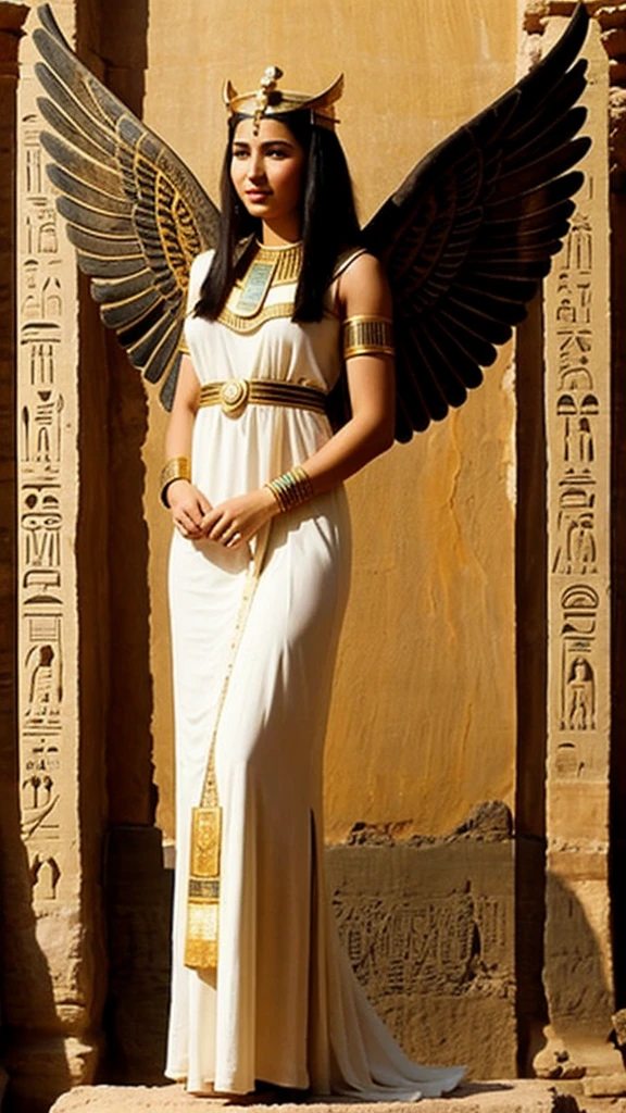 Ancient Egyptian young woman in a beautiful dress with goddess wings in ancient Egypt reality