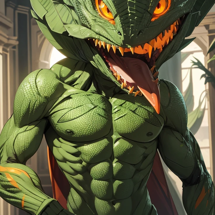 Absurdres, very detailed features, very detailed character, very detailed scene, upper body
{{1character, male evil, biomechanic humanoid reptilian, green scales, 3 orange eyes, laughing}}