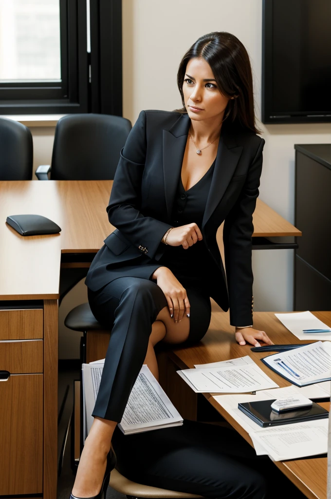striking woman in her late twenties with sharp eyes and an air of authority, is sitting behind an opulent desk. She is wearing a tailored suit, her expression a mixture of irritation and determination. 