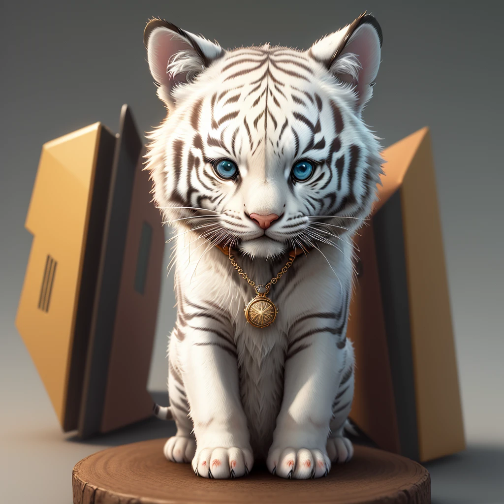 Wearing a necklace、With eyes of different colors、Small and surreal cute white tiger, Little, Lovely and fluffy, Logo Design, comics, Cinematic Lighting Effects, Charm, 3D vector art, Cute and quirky, Fantasy art, Bokeh, Written by hand, Digital Painting, Soft lighting, isometric style, 4K resolution, Photorealistic Rendering, Very Detailed and Clean, Vector Image, A photorealistic masterpiece, Professional photography, Simple space background, Flat white background, isometric, vivid vector、In a completely different expression