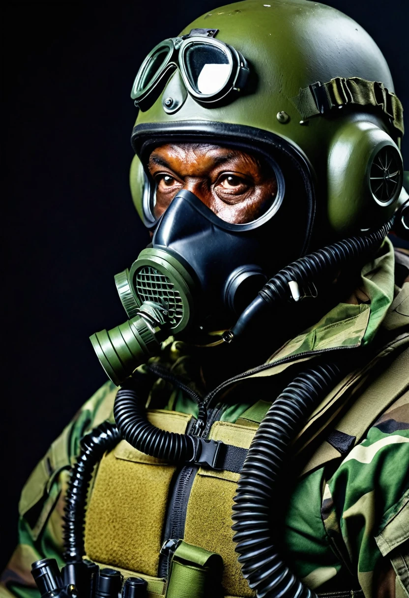 (a dark-skinned fat old man in a bulky camouflage zipper diver suit) carrying a rifle and (wearing air force pilot helmet with gas mask that cover his mouth and nose), muscular, Basuki Abdullah, sumatraism, action, a character portrait, heroic, fierce, furious