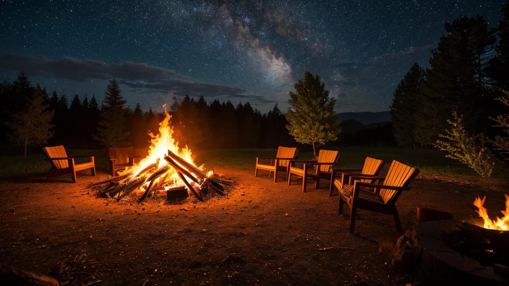 A vibrant and lively bonfire at night, flames dancing and crackling against a dark sky. The fire is large, with bright orange and yellow flames reaching up and casting a warm glow on the surrounding area. The bonfire is surrounded by a circle of stones, with a few large logs feeding the flames. In the background, there are silhouettes of trees and a starry sky. The scene is peaceful and atmospheric, focusing solely on one bonfire. Ensure no people or chairs are visible in the image.