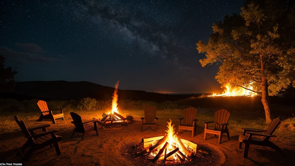 A vibrant and lively bonfire at night, flames dancing and crackling against a dark sky. The fire is large, with bright orange and yellow flames reaching up and casting a warm glow on the surrounding area. The bonfire is surrounded by a circle of stones, with a few large logs feeding the flames. In the background, there are silhouettes of trees and a starry sky. The scene is peaceful and atmospheric, focusing solely on one bonfire. Ensure no people or chairs are visible in the image.