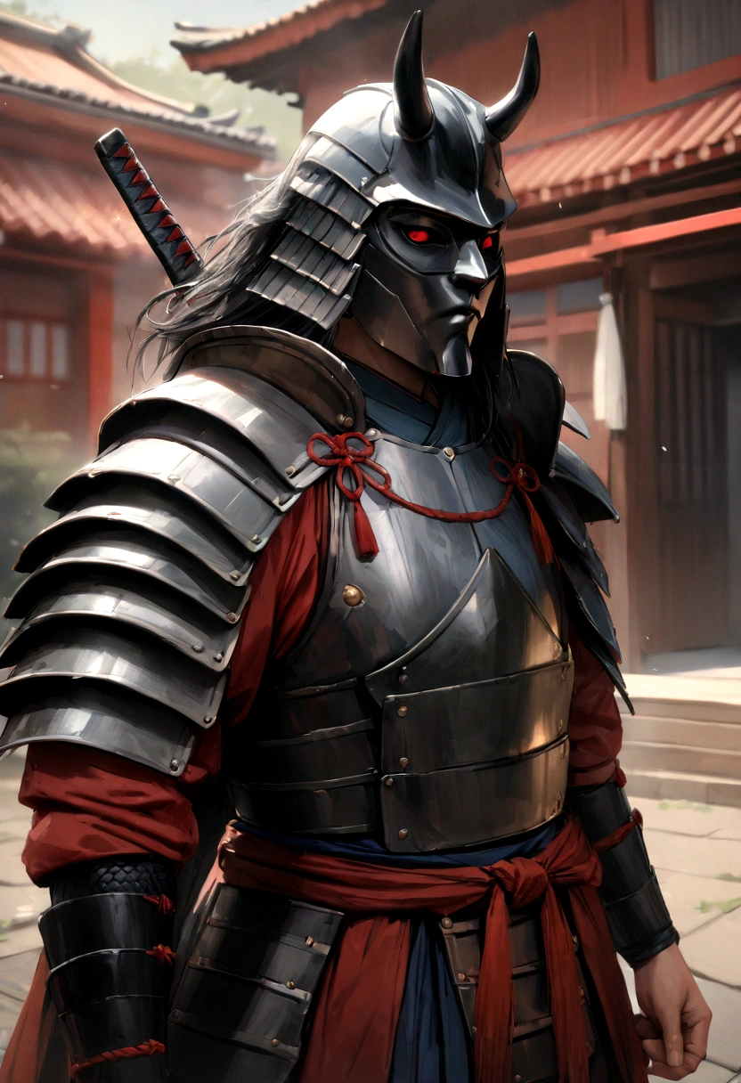 (Best Quality,4k,8k,high resolution,Masterpiece:1.2),ultra detailed,realist:1.37,a samurai in the Sengoku period of Japan,wearing full samurai armor,Black samurai mask,holding a sharp samurai sword,the intense feeling of oppression,bright red eyes