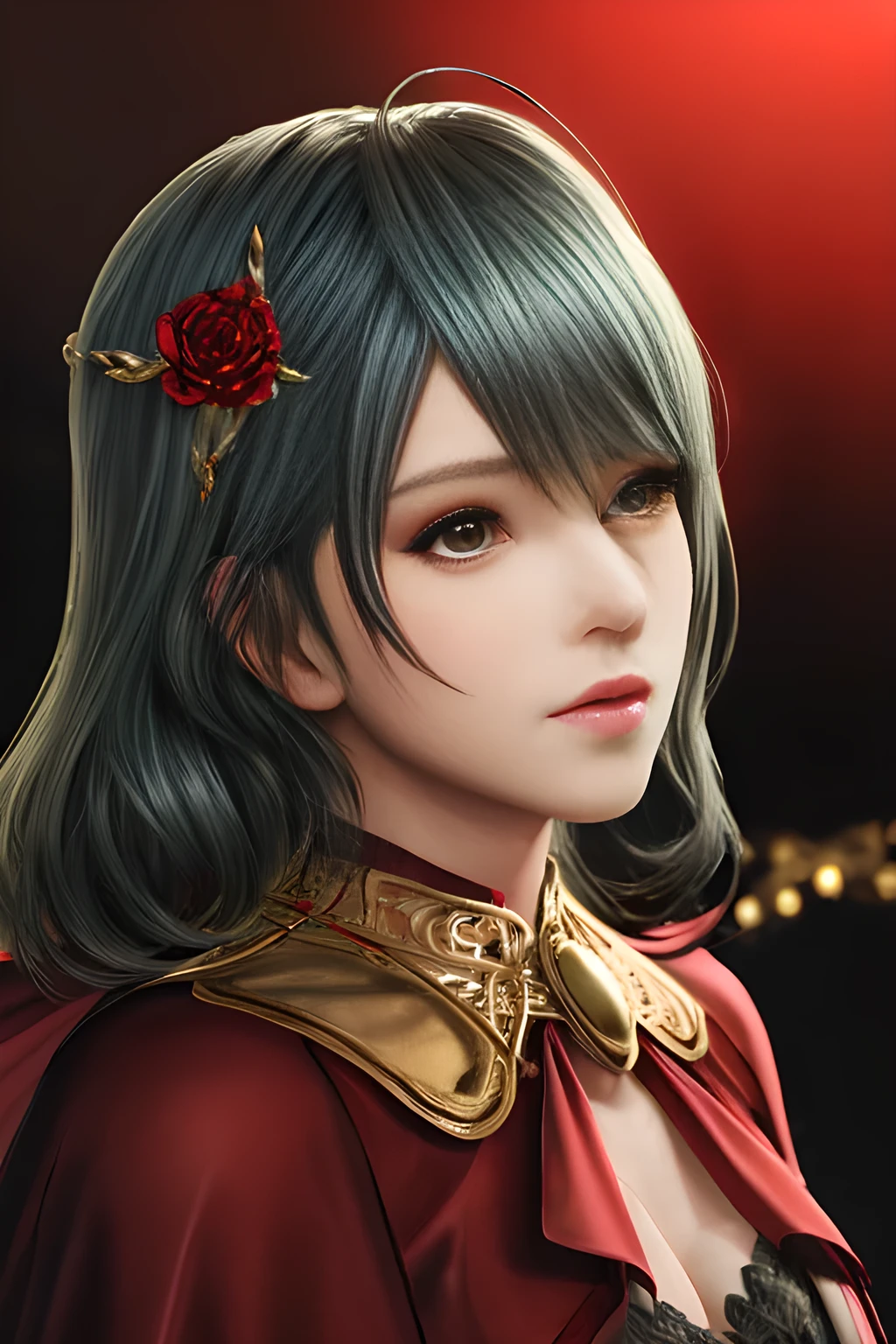 1girl,(Red Theme: 1.2), wearing a velvet dress, a gorgeous cape,, beautiful detailed eyes, beautiful detailed lips, extremely detailed eyes and face, long eyelashes, best quality, 4k, 8k, highres, masterpiece, ultra-detailed, realistic, photorealistic, photo-realistic, ethereal glow, regal elegance, intricate details, luxurious, otherworldly beauty, dark atmospheric background, supernatural aura,tamaki