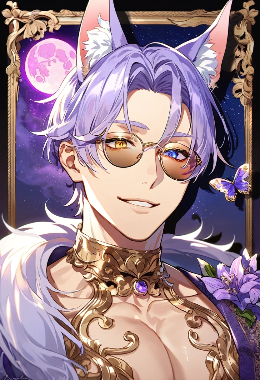 absurdres, highres, ultra detailed, HDR, master piece, best quality, perfect face, beautiful eyes, delicate features, Kuya wearing round amber sunglasses, light-purple hair, heterochromia, left eye yellow, right eye blue, Nu Carnival, fox ears, solo, sexy man, handsome, toned chest, handsome smile, purple kimono with fur, purple moon, purple lilies, purple butterflies, purple flames, starry