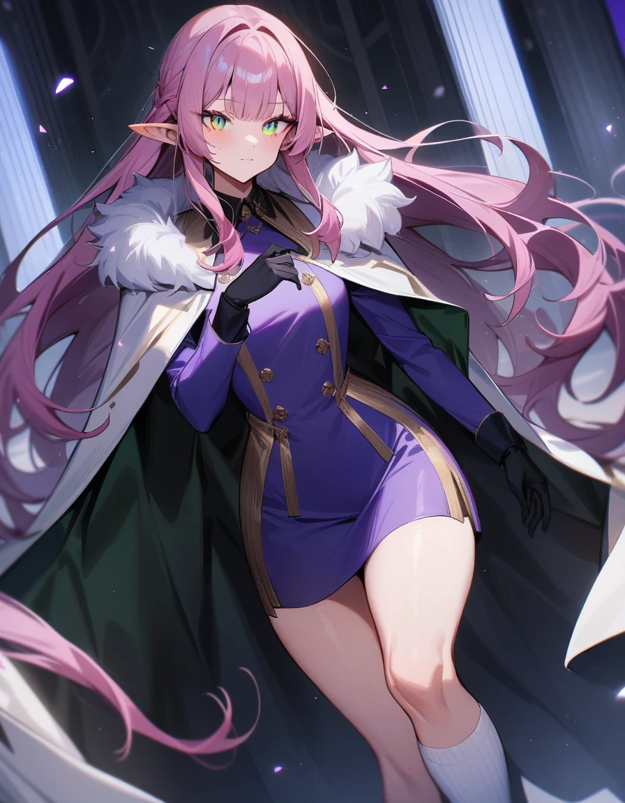 Masterpiece, detailed, Best Quality , 1 girl , pink hair and purple hair , multicolor fur , by the median , violet and green eyes , multicolored eyes , elegant gabardina , long socks , eleven , black gloves , long cape , messy fur , pointed ears , elegant , 19 years , good body , high , strong