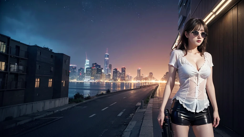 (Raw photography, 4K, masterpiece, hight resolution, very intricate), (Photorealsitic:1.4), Cinematic Lighting, (((((at night))))), (((1Girl, solo))), solofocus, Wet, full body Esbian,large breasts, Chest exposed, cleavage of the breast, wide open ass, pubic hair, Slim waist, eyes are brown, ((masterpiece:1.2)), top-quality, top-quality, Official art,the Extremely Detailed CG Unity 8K Wallpapers, artbook, a picture, (Brown hair long hair), Hair disheveled, aerial view of cyberpunk city, Expressive Hues, Vibrant Palette, B deficiency and white clothes, (((matrix style black micro sunglasses))), (((aiming with a short gun))), (((looking at camera))), (((very low view))).