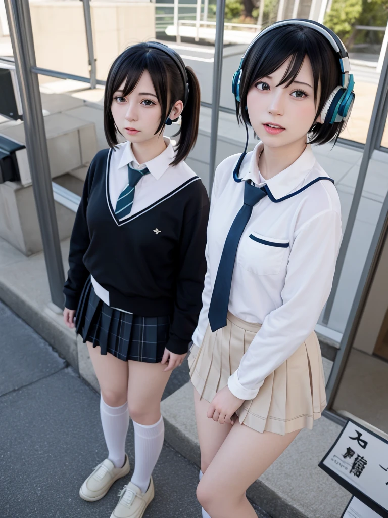 best quality, masterpiece, realistic, photorealistic, standing, cosplay, BLACK hair, twintails, hair ornament, very short hair, headphones, , sailor collar, shirt, long sleeves, necktie, skirt, pleated skirt, white thighhighs, loafers, 30 years old、Japanese women、Black Hair、Very short hair、Twin tails、Flat Chest、A blank white room as the background、Singing a song、hatsune miku