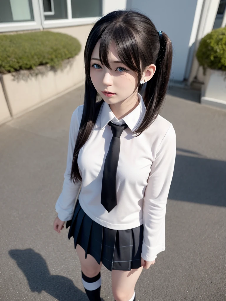 best quality, masterpiece, realistic, photorealistic, standing, cosplay, BLACK hair, twintails, hair ornament, very short hair, headphones, , sailor collar, shirt, long sleeves, necktie, skirt, pleated skirt, white thighhighs, loafers, 30 years old、Japanese women、Black Hair、Very short hair、Twin tails、Flat Chest、A blank white room as the background、Singing a song、hatsune miku