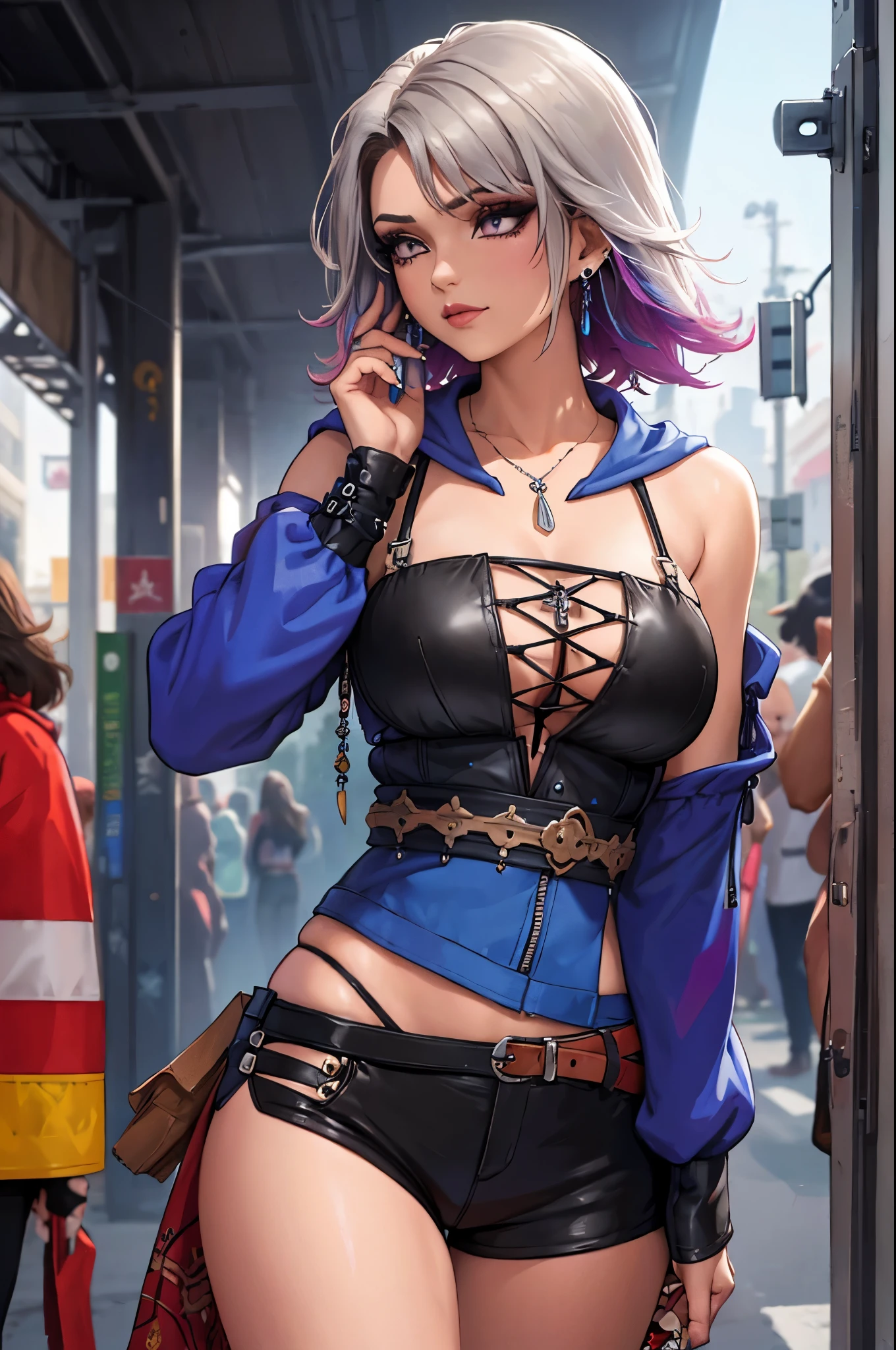 (masterpiece:1.2, best quality), (1lady, solo, upper body:1.2), Hair: shaved on one side, long on the other side, dyed bright blue, Makeup: bold, graphic eyeliner with rhinestones on the outer corners of the eyes, Clothing: a handmade, one-of-a-kind, patchwork jacket with fringe, paired with black leather shorts and fishnet stockings, Accessories: a silver nose ring and multiple ear piercings with unique jewelry pieces, Attending a music festival or alternative fashion event