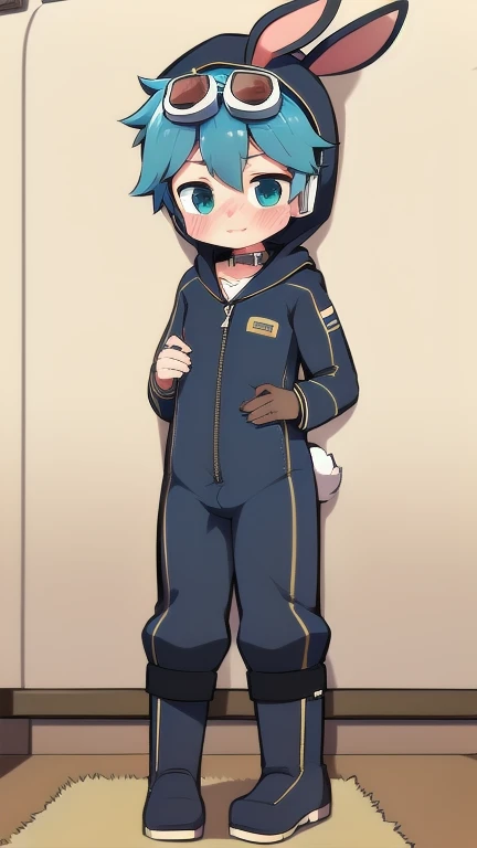 2D Boy Shota,One-piece mountaineering suit,Slim, healthy body,Put the headphones on your head,stand up,goggles,Rabbit ears,happy,Sailor collar,tie,Zipper pulled down,boots,hood,shy,blush,dormitory