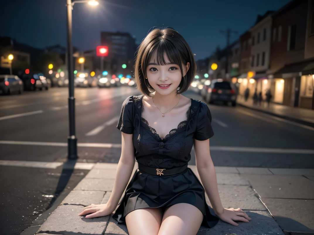 (highest quality, masterpiece, Ultra-high resolution, 8k, RAW Photos, Realistic, Anatomically correct:1.5), (Stainless steel round bar fence:1.0, Put your elbow on the fence:1.2, Short Bob Cut, 20-year-old girl:1.2, Embarrassing, avert your eyes, blush:1.0, View Viewer, Outside the waterfront, Light:1.2, シティLight, Bokeh, Cinema Lighting:1.0, Depth of written boundary, sharp、Idol、Black short sleeve lace top、Black tulle skirt、Black clothing、”dwarf”、(Floral clothes)、Full Body Shot、