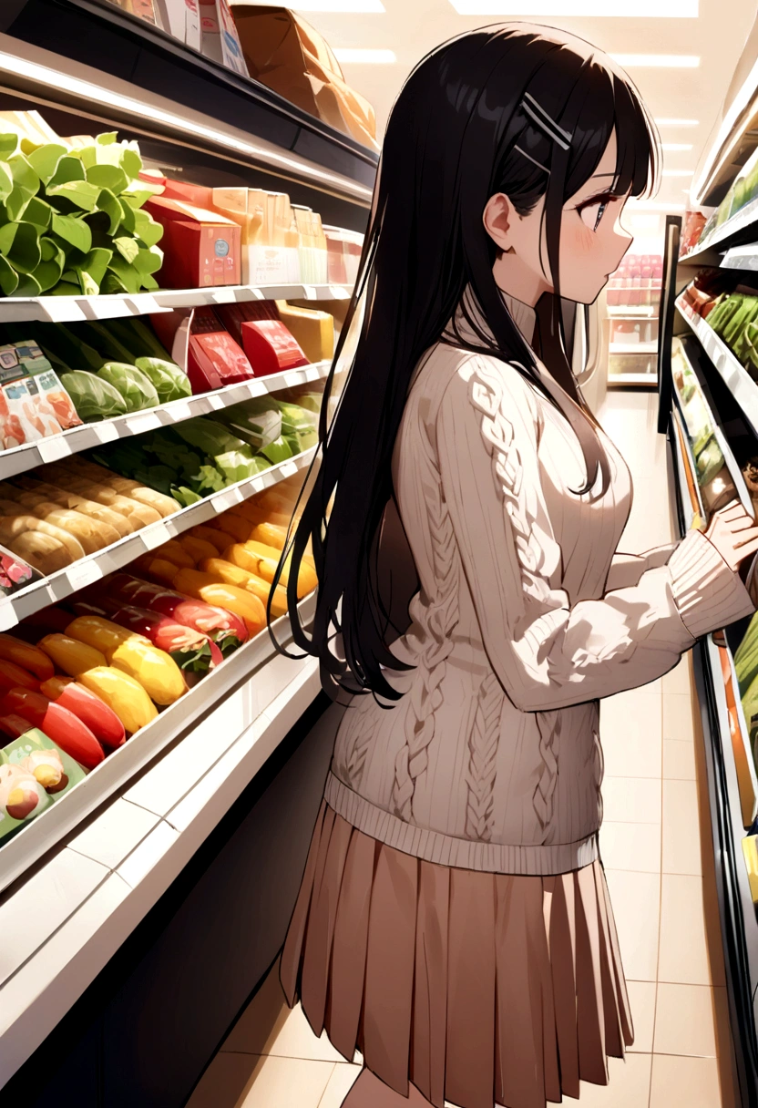 Young Wife shopping Supermarket Black Hair Long Hair hairpin Knitted sweater Knee-length skirt clear