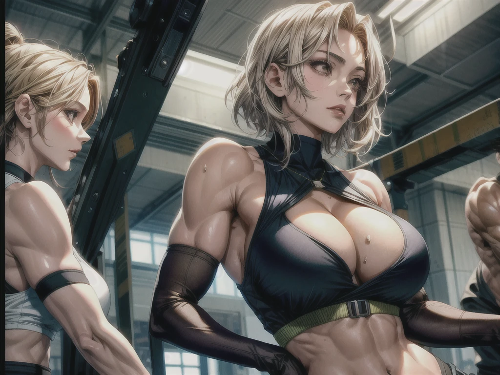((Best quality)), ((masutepiece)), ((highly intricate detail)),Beautiful, High quality, A high resolution, absurderes, light difussion, Intricate details, intricately details, ((anime big breast)), (anime big breast:1.2) , (Perfect face:1.3), extremely detailed eye, Colorful, highest details, Vibrant colors, High contrast, (8K UHD:1.2), (Photorealistic:1.2),(masutepiece:1.4), (Best quality:1.4), Realistic,medium breasts. Her physique is truly remarkable, bulging muscles,Ripple with the power. Her arms are adorned with immense biceps and sculpted triceps, Every muscle fiber has a definition、willful. Her contoured six-pack abs are、Proudly demonstrate dedication to physical strength, a testament to the hours spent honing her body to perfection. Wear workout clothes,Highlight her muscular form, she emanates an air of confidence and dominance. Beads of sweat cascade down her glistening skin, evidence of the intense physical exertion she undertakes. The gym serves as her domain, Push the body to its limits、A sacred space that transcends the boundaries of the seemingly possible. Short hair, beautiful colored hair, face flushed ,18+ face,face, ,wet mouth,NSFW Art, body curve, full sexy body, ((full bodyesbian)), full bodyesbian, Random Location, random pose position, Random Location, beauty shirt, (The upper part of the body_Body),(_Body:1.5), Perfect body, Pose, naughty girl, (tact:1),Tato in the belly, ((1girl in:1)), full bodyesbian, Dark skin, Human, ((full_Body)),((Busty:1.5)),short_Hair,(Tight_suit),(Dynamic_Pose),(Random_Pose),((Body_Construction workers:1.5))
