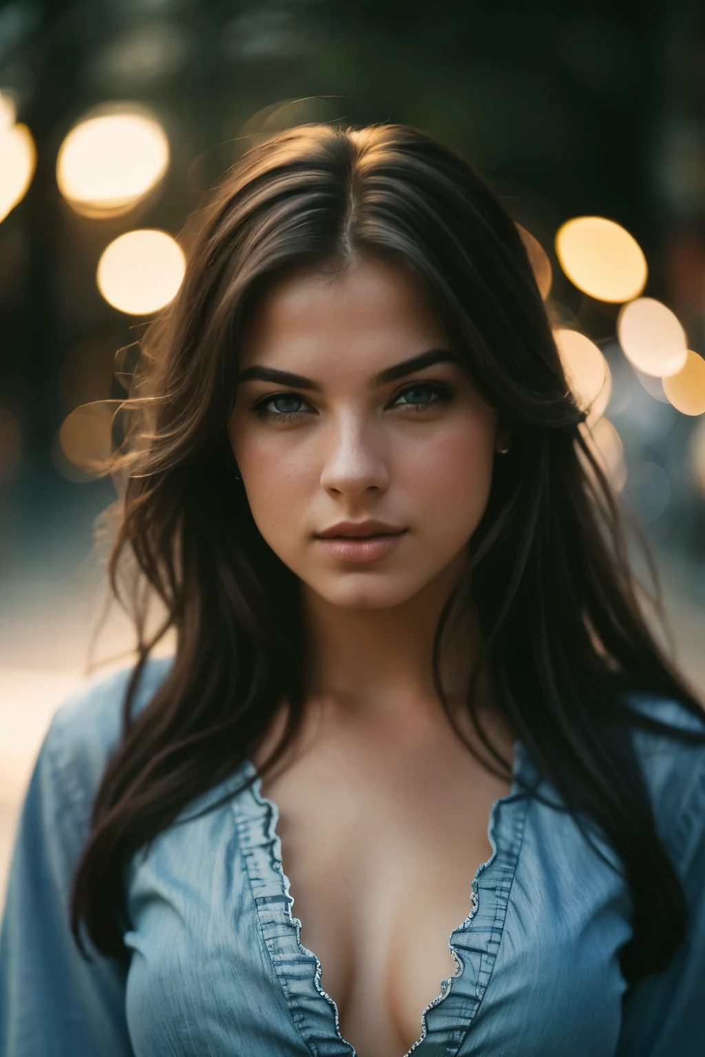 (sharp focus:1.2), photo, portrait, facing the viewer, front view, attractive young KariSweets , (beautiful face:1.1), super cute and fun, detailed blue eyes, luscious lips, (cat eye makeup:0.85), beige blouse and blue jeans smiling blue shorts sung, on a (night street:1.2). (moody lighting:1.2), depth of field, bokeh, 4K, HDR. by (James C. Christensen:1.2|Jeremy Lipking:1.1). by Frank Frazetta, by Luis Royo, by boris vallejo,