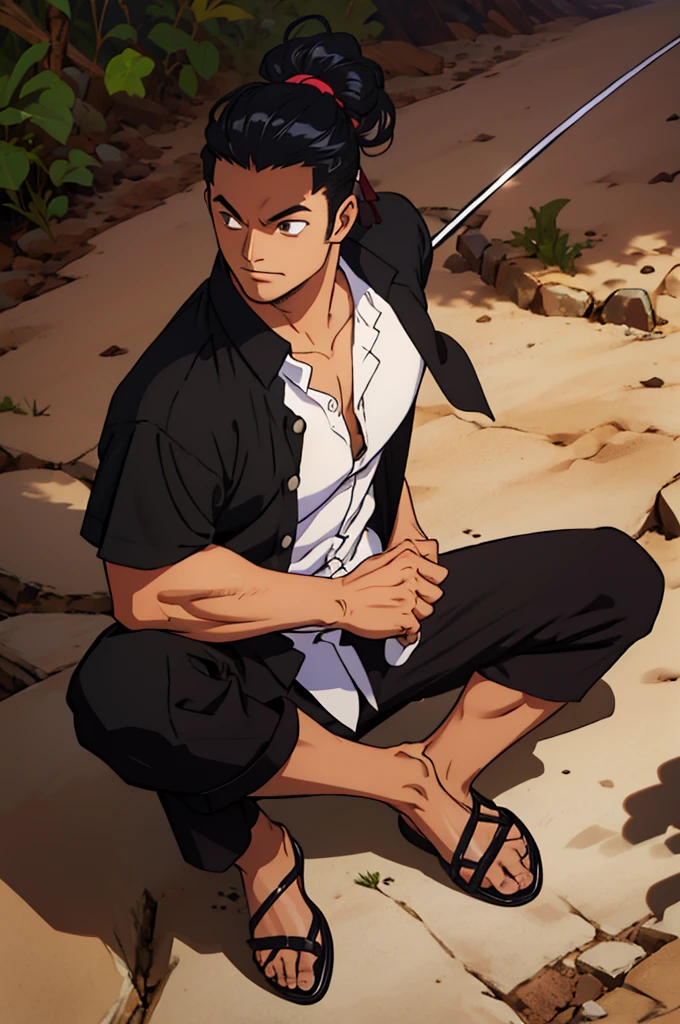 man 20 years old, big hair tied brown samurai style, brown oriental style eyes, expression of joy, skin fair, wearing black button down shirt, but with the first 3 shirt buttons loose, shirt not too tight and not too loose, semi-buttoned, black dress pants, black long toe shoes, holding a medium cane, with round crystal handle, and a cord with a not very noticeable design, art with light and shadow, tall and intelligent man