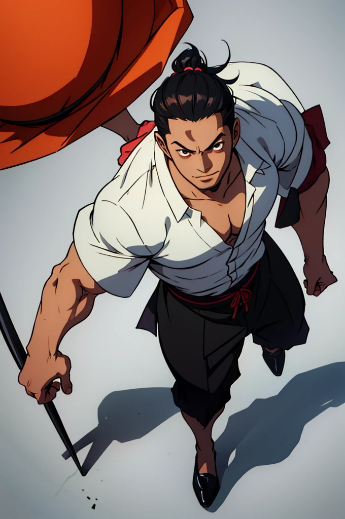 man 20 years old, big hair tied brown samurai style, brown oriental style eyes, expression of joy, skin fair, wearing black button down shirt, but with the first 3 shirt buttons loose, shirt not too tight and not too loose, semi-buttoned, black dress pants, black long toe shoes, holding a medium cane, with round crystal handle, and a cord with a not very noticeable design, art with light and shadow, tall and intelligent man