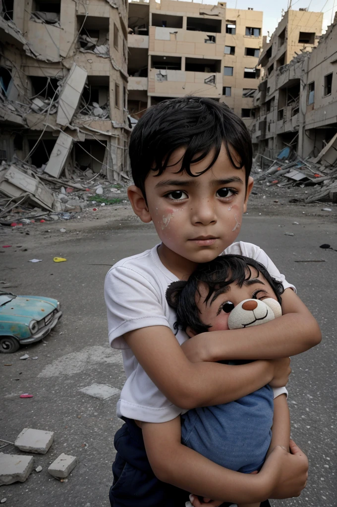 Picture in cartoon character,In the midst of the bombed-out city, Gaza, a -yead boyuddled with Rafa, a girl of similar age, who clutched a tattered teddy bear named "Sammy." Smoke rose from the distance, a grim reminder of the war that had destroyed Rafa's home. Tears streamed down their faces.