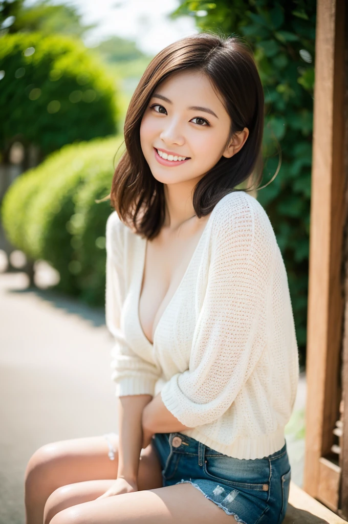 Innocent Japanese girl, trendy loose casual fashion, natural hair styles, impressive big brown eyes, pure smile, refreshing in early summer sunlight, feeling soft breeze in hair, sitting, little bit sexy feeling, relaxed pose, professional portrait photography, sunlight, film photography, 35mm negative film, 85mm lens, very shallow depth of field, bokeh,