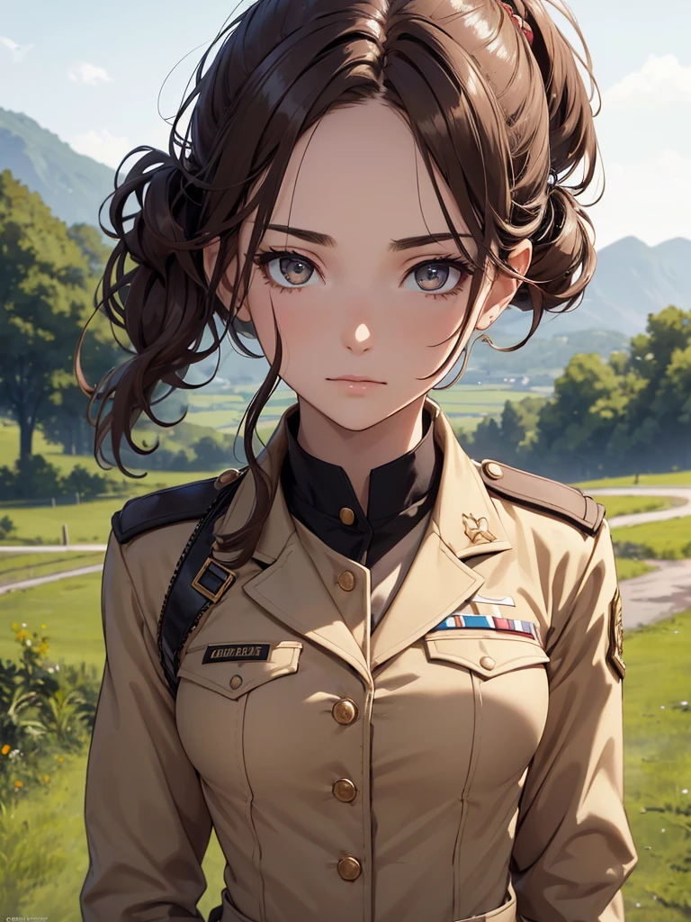 (8K, Best Quality, Masterpiece, Ultra High Resolution) 1 Girl, Woman, Beautiful Eyes, Face Details, Brunette Hair, Hair Tied Up, Brown Eyes, Pale Skin, Tan Colored Military Uniform, Tan Jacket, White Fitted Shirt, Military Badge, Outside, Dirt Road, Countryside, Best Quality, Upper Body, Looking at the Viewer, Facing Viewer, Close Up