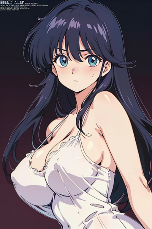 (masutepiece, Best Quality, High resolution:1.5, anime colours, megami magazine:1.2, anime poster style, anime keyvisual, sharp, 8k, photorealistic), (beautiful detailed eyes:1.5, beautiful detailed face:1.2), madoka ayukawa, 1girl, blush, (black hair, Long Hair), (sagging huge breasts), (negligee), upper body, (Perfect detailed Anatomy, beautiful detailed hair, beautiful detailed body:1.2, shiny skin), (thick outline, Beautiful outlines, black outlines), simple background